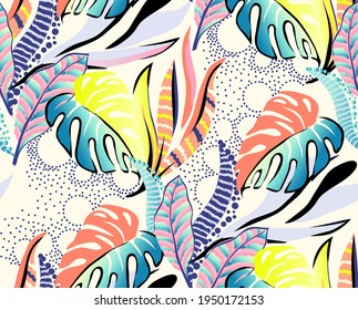 seamless repeat pattern design of a tropical artwork, with multicolored hand drawn elements and funny background. Monstera pattern