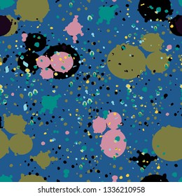 Seamless repeat pattern design, vector illustration of dots and spatters drawn in shades of bright pink, olive, blue, black, turquiuose, aqua, yellow and white.