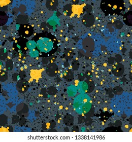 Seamless repeat pattern design, vector illustration of dots and spatters drawn in shades of bright yellow, olive, blue, black, turquiuose, aqua and white.