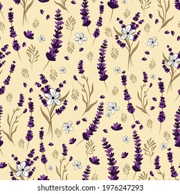 A seamless repeat pattern, designed with hand drawn purple lavenders, white flowers and some leaves. Vector illustration perfect for wallpaper, fabric, backgrounds, packaging projects and more.