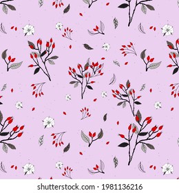 A seamless repeat pattern, designed with hand drawn rosehips and white flowers on purple background. Vector illustration perfect for wallpaper, fabric, backgrounds, herb packaging and more.