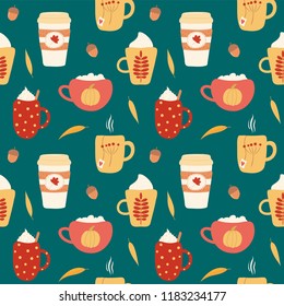 Seamless repeat pattern with different falling leaves, on a green background. Hand drawn vector illustration. Flat style design. Concept for autumn textile print, wallpaper, wrapping paper.