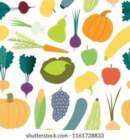 Seamless repeat pattern with different fruits and vegetables. Hand drawn vector illustration. Flat style design. Concept for autumn harvest, healthy eating, textile print, wallpaper, wrapping paper.