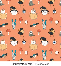 Seamless repeat pattern with different kawaii cartoon characters on red. Hand drawn vector illustration. Line drawing. Design concept for Halloween party, textile print, wallpaper, wrapping paper.