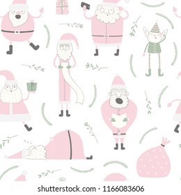 Seamless repeat pattern with different Santa Clauses, elf, on a white background. Hand drawn vector illustration. Flat style design. Concept for Christmas textile print, wallpaper, wrapping paper.