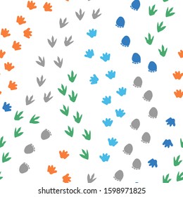 Seamless repeat pattern with different shape colorful dinosaur foot prints tracks on a white background. Great for boys' and kids' designs!