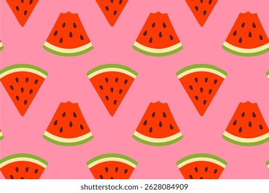 Seamless repeat pattern with different watermelon slice angles on pink