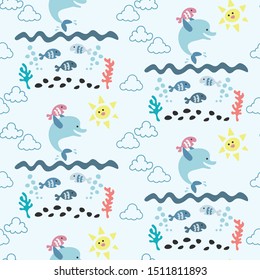 seamless repeat pattern with dolphins and fishes
