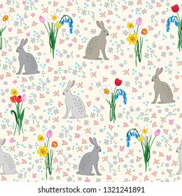 Seamless repeat pattern with Easter bunny and spring flowers - daffodils, tulips and bluebells on a cream ditzy floral background