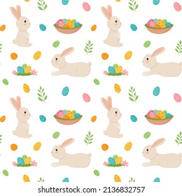 Seamless repeat pattern with easter bunny and eggs basket.Vector illustration in cartoon style.