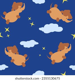 Seamless repeat pattern with elephants and clouds on blue background. Cute elephant pattern for children fabric. 