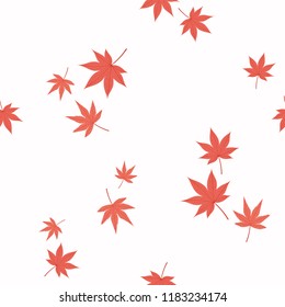 Seamless repeat pattern and falling Japanese maple leaves  white background  Hand drawn vector illustration  Flat style design  Concept for autumn textile print  wallpaper  wrapping paper 