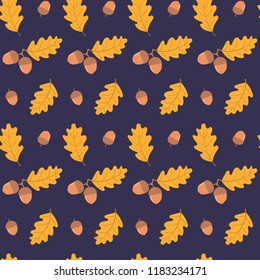 Seamless repeat pattern with falling oak leaves, acorns, on a blue background. Hand drawn vector illustration. Flat style design. Concept for autumn textile print, wallpaper, wrapping paper.