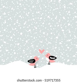 Seamless repeat pattern with falling snow in white and light gray. Two cute birds in love under the snowfall. Winter textile, wall art, wrapping paper, wallpaper design.