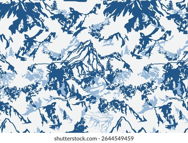 Um padrão de repetição sem emenda com picos de montanha desenhados à mão dramáticos, florestas alpinas e terreno acidentado em tons azul-marinho profundo. Projetado para moda com tema ao ar livre, roupas ativas, artigos de papelaria
