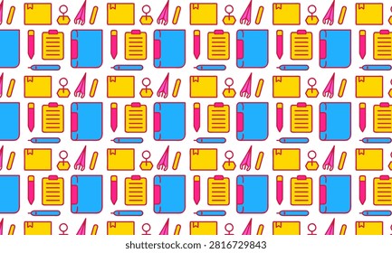 Seamless repeat pattern featuring flat line icons of notebooks, pencils, pens, clipboards, and pins in bold yellow, blue, and pink on white. Perfect for school and office-themed textile, wrapping paper, and packaging