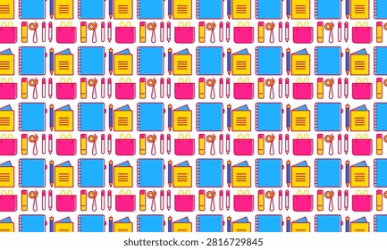 Seamless repeat pattern featuring flat line icons of notebooks, pencils, pens, clipboards, and pins in bold yellow, blue, and pink on white. Perfect for school and office-themed textile, wrapping paper, and packaging