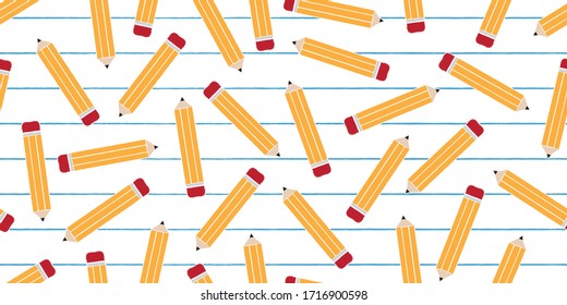 A seamless repeat pattern featuring lined school paper and tossed pencil repeat pattern. Great design for education, teachers and school related projects, packaging, stationery decorative designs.