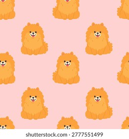 A seamless repeat pattern featuring a sitting Pomeranian Spitz dog with a round, fluffy orange coat and a cheerful expression. The animal is arranged in a grid-like composition against a soft pastel pink background. This design is ideal for children's textiles, pet-themed wrapping paper, and nursery wallpaper.