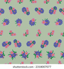 A seamless repeat pattern featuring tiny bouquets of blue and purple daisies and pink flowers arranged in horizontal rows on a green background describes this design perfectly.