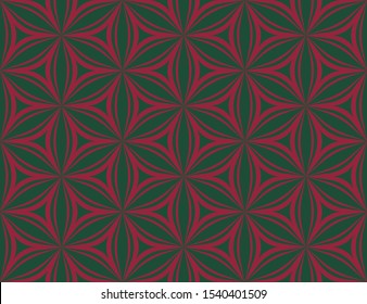 Seamless repeat pattern in flat geometric style. Duotone in green and red. Flat, abstract vector design. Illusion of flower, star, triangle, circle. Multi directional use. Circular decorative contour.