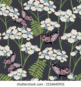 Seamless repeat pattern with flowering herbs and butterflies.Colorful floral background and texture for printing on fabric and paper.Vector flat cartoon illustration for summer fashion.