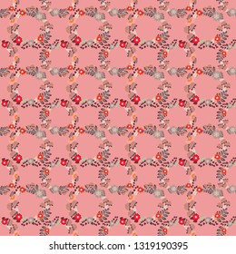 Seamless repeat pattern with flowers in beige, pink and brown colors. Vector texture for fabric, gift wrap, wall art design.