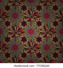 Seamless repeat pattern with flowers in beige, red and brown colors. Vector texture for fabric, gift wrap, wall art design.
