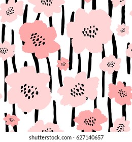 Seamless repeat pattern with flowers in black and pastel pink on white background. Hand drawn fabric, gift wrap, wall art design.