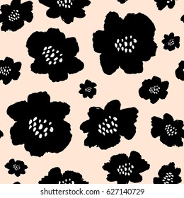 Seamless repeat pattern with flowers in black and white on pastel pink background. Hand drawn fabric, gift wrap, wall art design.