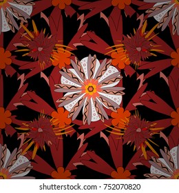 Seamless repeat pattern with flowers in black, orange and red colors. Vector texture for fabric, gift wrap, wall art design.