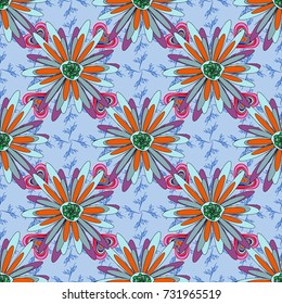 Seamless repeat pattern with flowers in blue, orange and neutral colors. Vector texture for fabric, gift wrap, wall art design.
