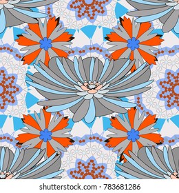 Seamless repeat pattern with flowers in blue, neutral and gray colors. Vector texture for fabric, gift wrap, wall art design.
