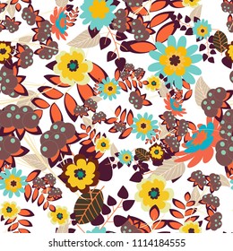 Seamless repeat pattern with flowers in brown, orange and white colors. Vector texture for fabric, gift wrap, wall art design.