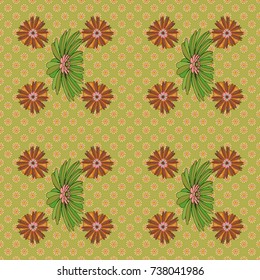 Seamless repeat pattern with flowers in brown, green and yellow colors. Vector texture for fabric, gift wrap, wall art design.