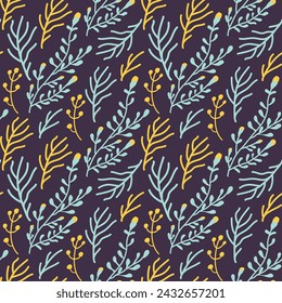 Seamless repeat pattern with flowers in dark blue background. Hand drawn fabric, gift wrap, wall art design.