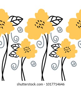 Seamless repeat pattern with flowers and leaves in black and yellow on white background. Hand drawn fabric, gift wrap, wall art design.