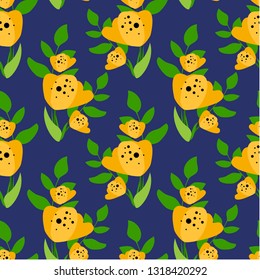 Seamless repeat pattern with flowers and leaves . Hand drawn fabric, gift wrap, wall art design. - Vector