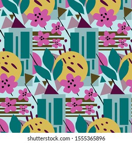seamless repeat pattern with flowers, leaves and geometric shapes
