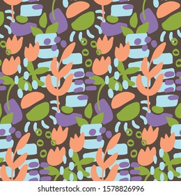 seamless repeat pattern with flowers, leaves and abstract shapes