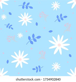 Seamless repeat pattern with flowers and leaves . Hand drawn fabric, gift wrap, wall art design.