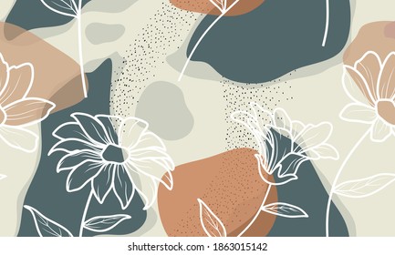 Seamless repeat pattern with flowers and leaves in black and yellow on white background. Hand drawn fabric, gift wrap, wall art design.