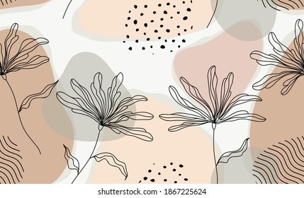 Seamless repeat pattern with flowers and leaves in black and yellow on white background. Hand drawn fabric, gift wrap, wall art design.