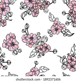 Seamless repeat pattern with flowers and leaves in black and pastel pink on white background. Hand drawn fabric, gift wrap, wall art design. Vector illustration
