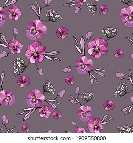 Seamless repeat pattern with flowers and leaves on soft background. Hand drawn fabric, gift wrap, wall art design.