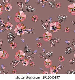 Seamless repeat pattern with flowers and leaves on soft background. Hand drawn fabric, gift wrap, wall art design. Stock vector illustration.