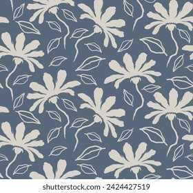 Seamless repeat pattern with flowers and leaves ink brush texture.
