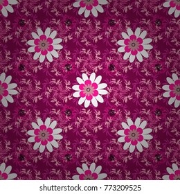 Seamless repeat pattern with flowers in magenta, purple and pink colors. Vector texture for fabric, gift wrap, wall art design.