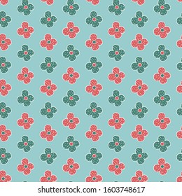 Seamless repeat pattern with flowers on blue background. Hand drawn, scribble.Vector illustration.