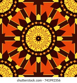 Seamless repeat pattern with flowers in orange, brown and yellow colors. Vector texture for fabric, gift wrap, wall art design.